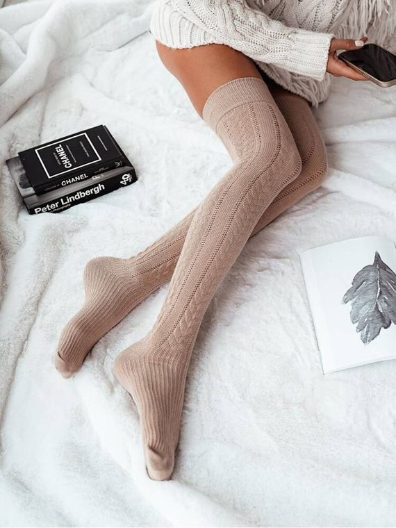 0347.001 Șosete până la genunchi Milena de damă cu împletitură ajurata - bej