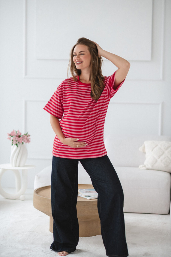 Tricou Mamahood Milk&Love pentru sarcină și alăptare, dungi roșii și roz – confortabil și elegant