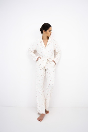Sensis Valerie Ecru Pijamale damă de iarnă jacquard cu nasturi, model floral