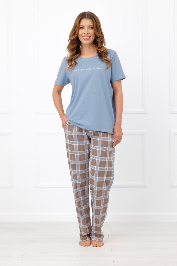 Pijamale damă Italian Fashion Delma 100% bumbac, cămașă în carouri, pantaloni lungi - gri metalizat