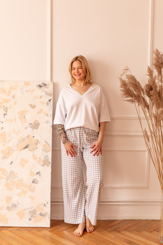 Pijamale dama 38L Lidia Marija – 100% bumbac, carouri albe si gri