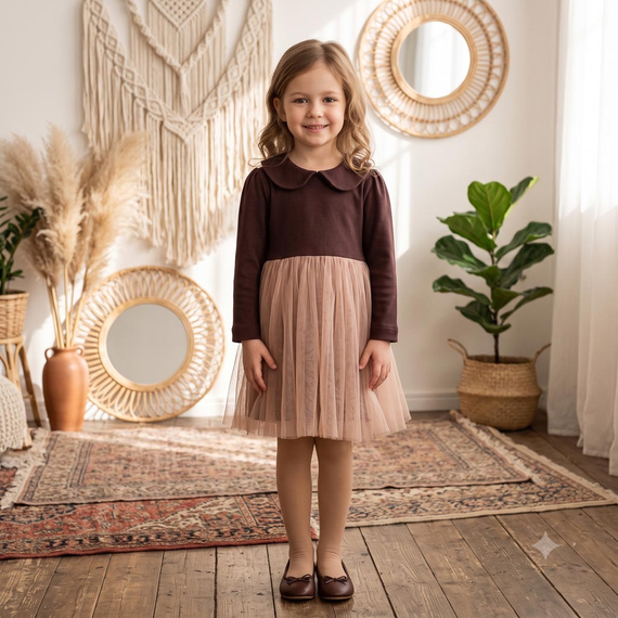 226167 Nicol HANIA Rochie cu tulle bej-maro mânecă lungă pentru fete
