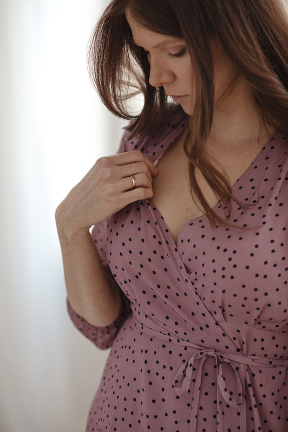 Rochie de maternitate si alaptare Milk Shake, maneca 3/4 Milk&Love, liliac cu buline