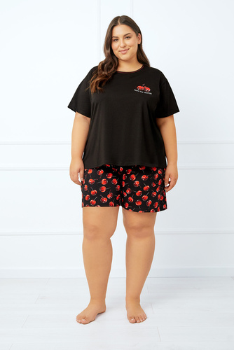 Pijama cu mânecă scurtă Cherry Ladies, pantaloni scurți Italian Fashion - negru/print