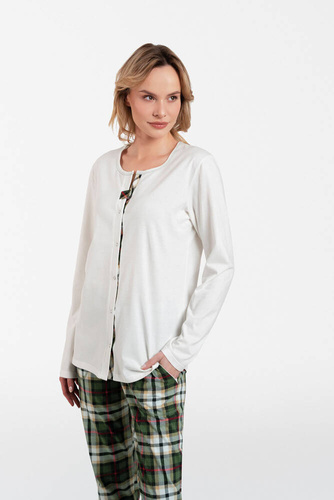 Asama Pijama de damă descheiată cu mânecă lungă, pantaloni lungi Italian Fashion - ecru/print