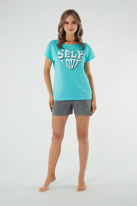 Selfie Ladies' pijama cu mânecă scurtă, pantaloni scurți Italian Fashion - turcoaz/melange