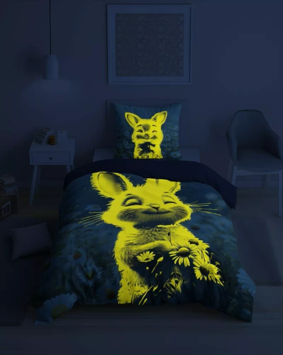 5548 A Fluo 95 Lenjerie de pat Glow in the dark, iepuraș în flori, 100% bumbac | Pentru copii Detexpol