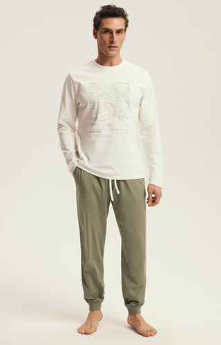 43464 Pijamale Local pentru bărbați din bumbac Henderson, crem - Set confortabil cu imprimeu