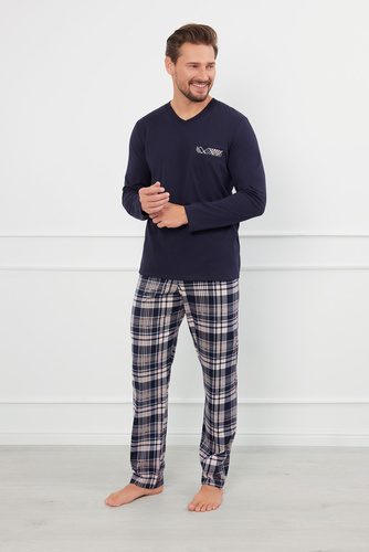 Edwin Pijama bărbătească cu mânecă lungă, pantaloni lungi Italian Fashion - albastru navy/print