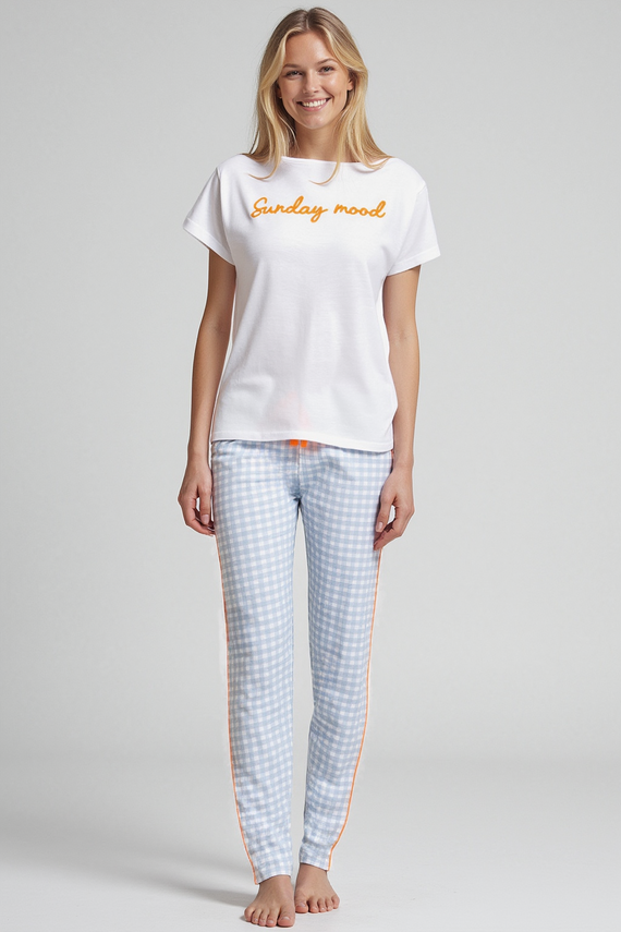 Pijamale dama Dana Sorbetto albastru - 100% bumbac, maneca scurta, pantaloni in carouri, set