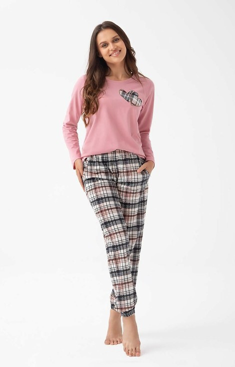 322 Luna roz – pijamale de damă din bumbac, inimioare, mâneci lungi, pantaloni în carouri