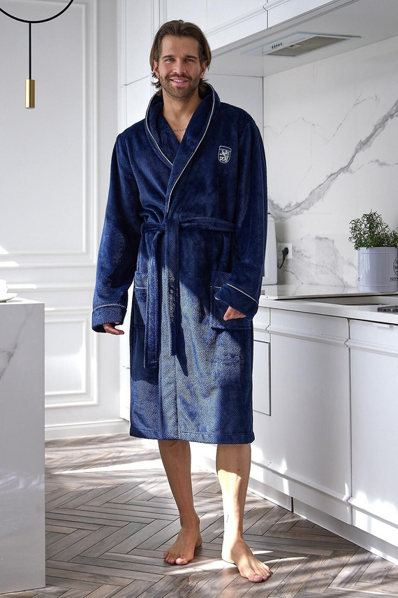 L&L 2661 Elegant Halat de baie bărbați clasic cu guler șal moale, bleumarin