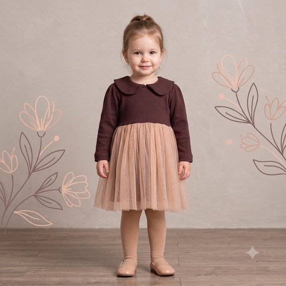 226167 Nicol HANIA Rochie cu tulle bej-maro mânecă lungă pentru fete