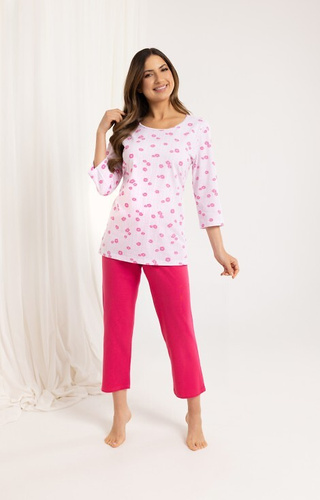 720 Pijamale dama Regina, roz - bumbac, maneci 3/4, pantaloni 7/8