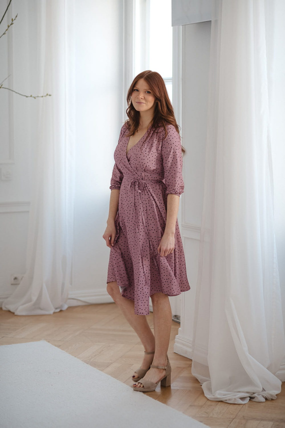 Rochie de maternitate si alaptare Milk Shake, maneca 3/4 Milk&Love, liliac cu buline