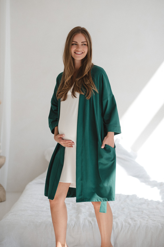 Halat de baie maternitate Milk&Love, verde sticlă – bumbac cu elastan, confortabil, mâneci 7/8