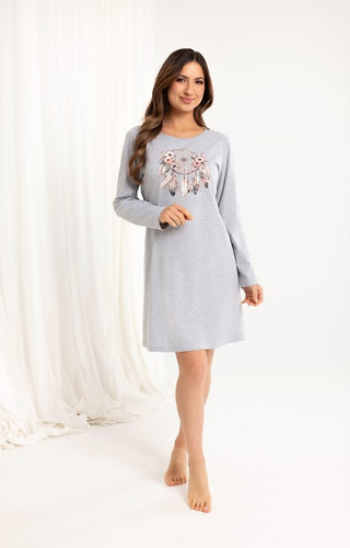 162 Cămașă de noapte din bumbac Regina, gri – mânecă lungă, imprimeu, deasupra genunchiului