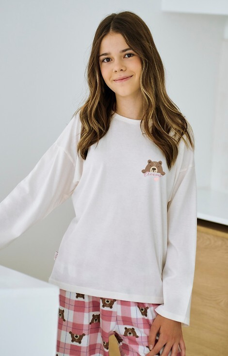 3503 Astrid Taro pijamale fetita bej - bumbac, imprimeu, pantaloni in carouri