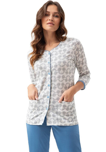 668 Luna pijamale dama cu fermoar - alb si albastru cu flori